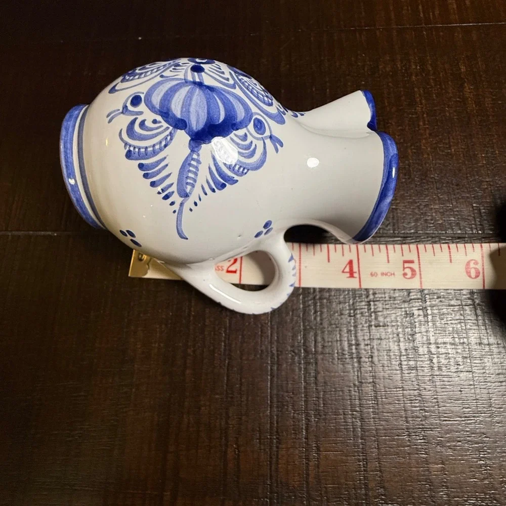 Modra Slov Ludova Majolika Cobalt Blue White Floral Ceramic Mini Pitcher Czech